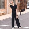Women's Black Wide-Leg Jumpsuit: Slimming, Single-Breasted, Short Sleeve, Summer Fashion