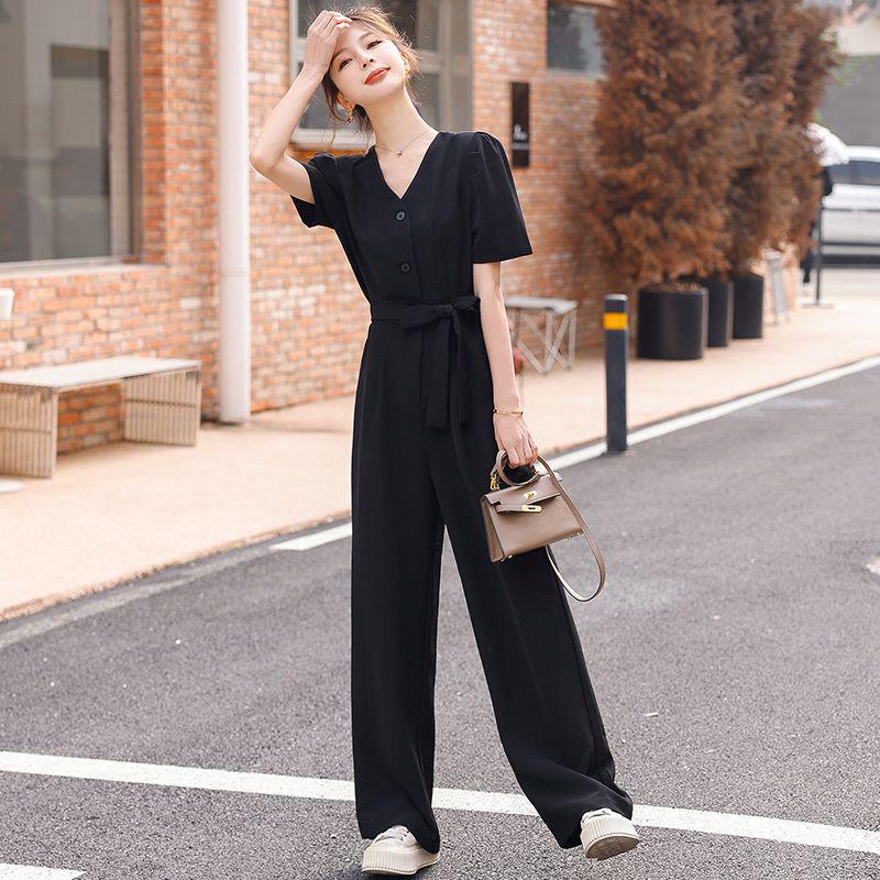 Women's Black Wide-Leg Jumpsuit: Slimming, Single-Breasted, Short Sleeve, Summer Fashion