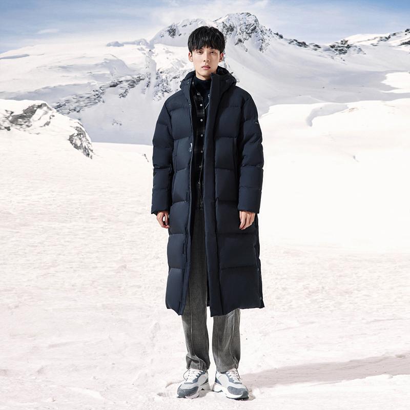 Anta Training Series Solid Color Zipper Hooded Long Four-Proof Snow Shell Down Jacket Men Outerwear Basic-Black 952347905-3