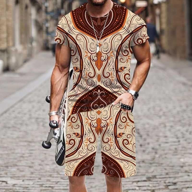 Summer Fashion Casual Men's Suit Vintage Pattern 3D Printed Sportswear Short-sleeved Suit Oversized Round Neck T-shirt Shorts 2-piece