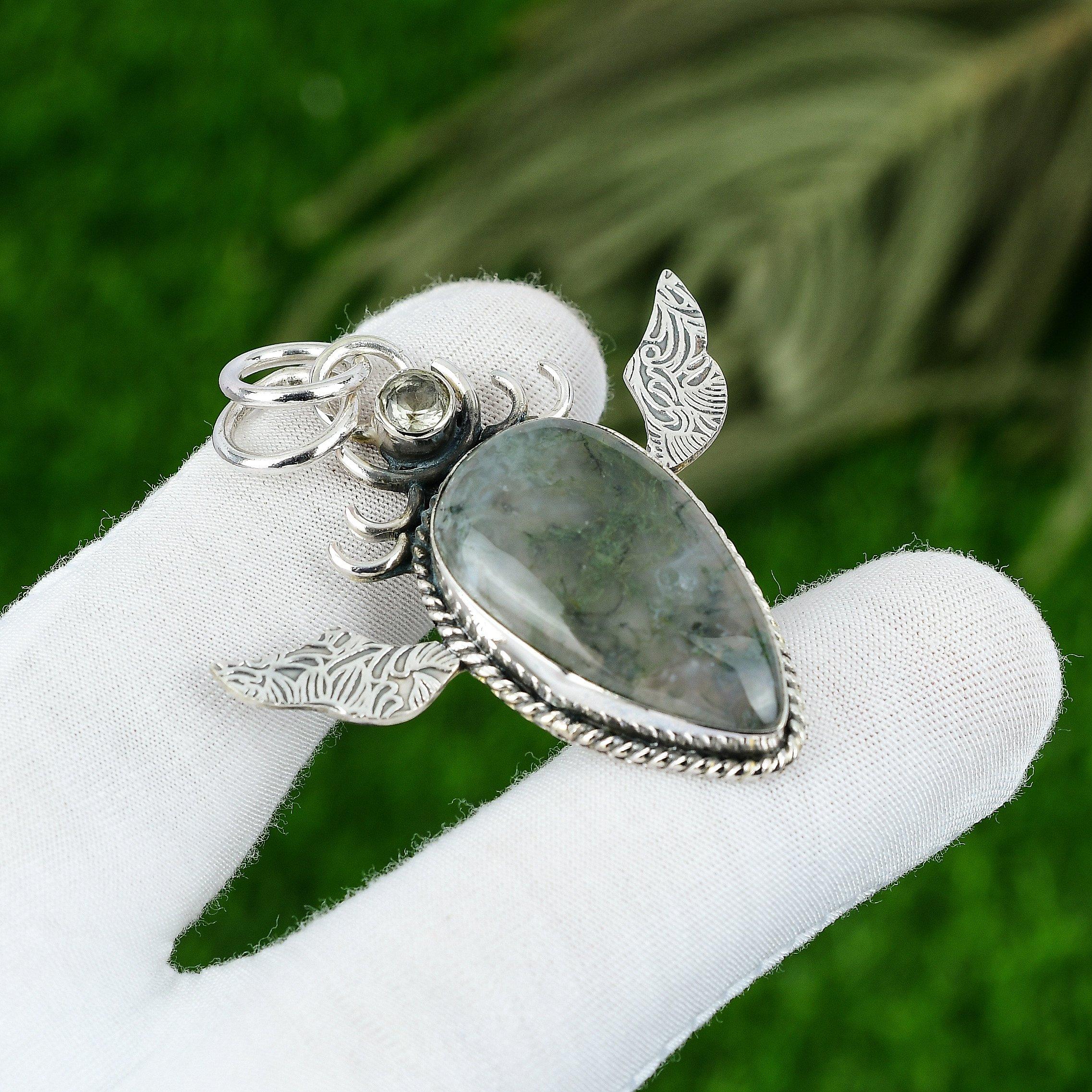 

925 Silver Solar Moss Agate Gemstone Topaz Bezel Handmade Mother Wedding Pendant