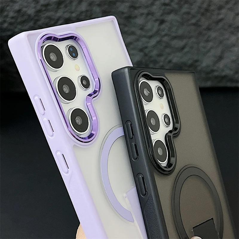 Luxury Matte Translucent For Magsafe Folding Stand Holder Phone Case For Samsung S24 Plus S23 Ultra Wireless Charging Back Cover