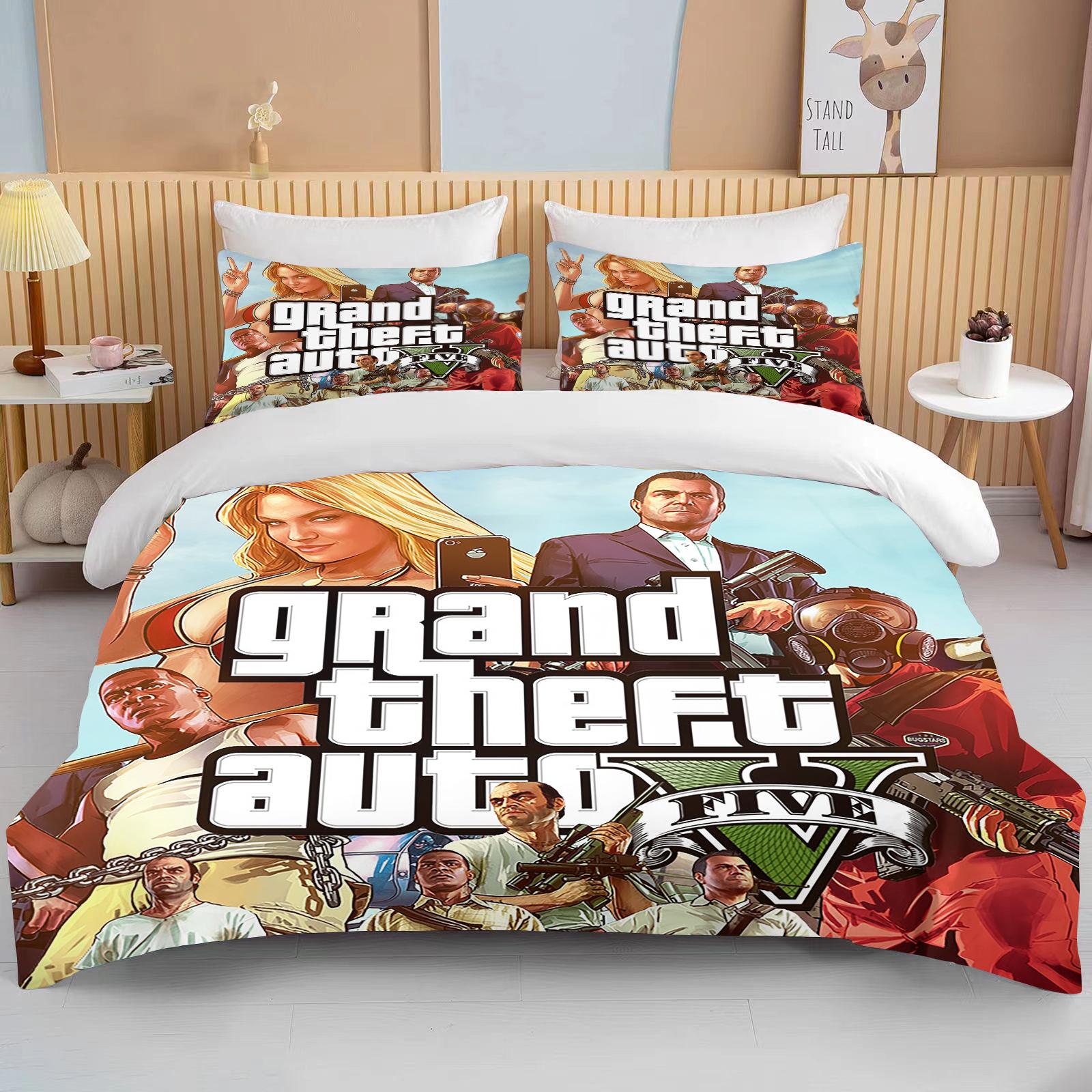 

10 Sizes 3d Game GTA V Bedding Set Cartoon Duvet Covers Grand Theft Auto Bed Linens Bedclothes With Pillowcase Dropsjpping EU single(135x200cm)