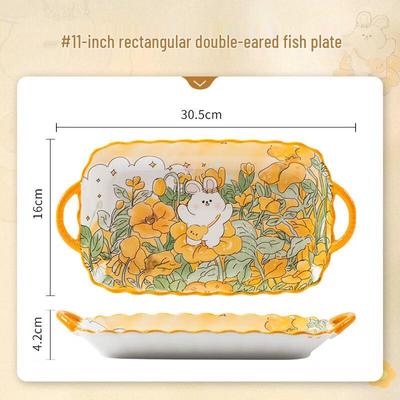 Wuhe Rabbit & Flower Ceramic Fish Plate