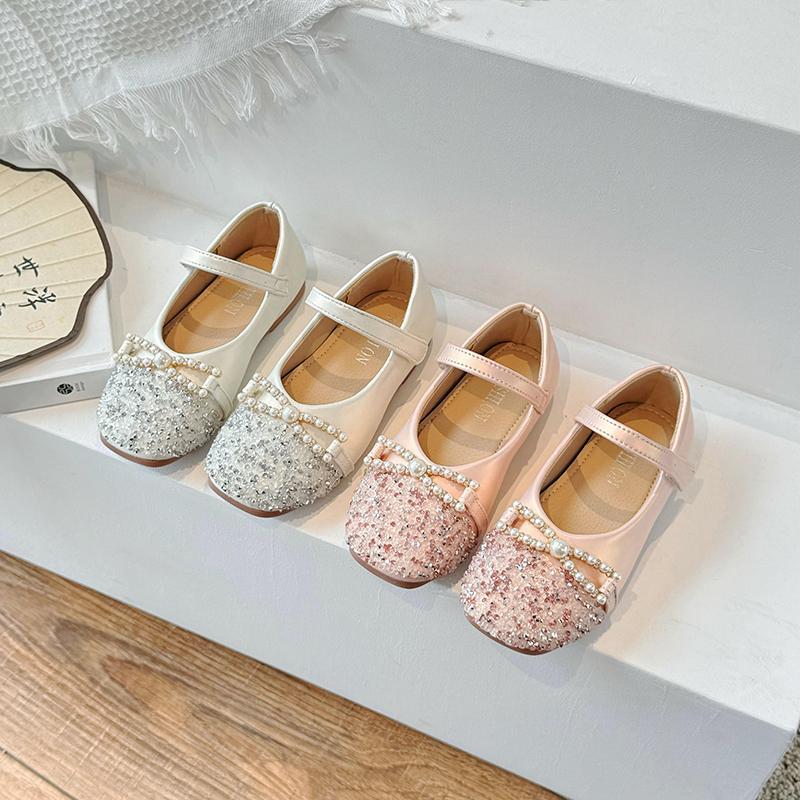 Girls Leather Shoes for Party Wedding Fashion Children Rhinestone Princess Shoes Kids Shallow Flats Mary Jane Shoe Anti-Slippery