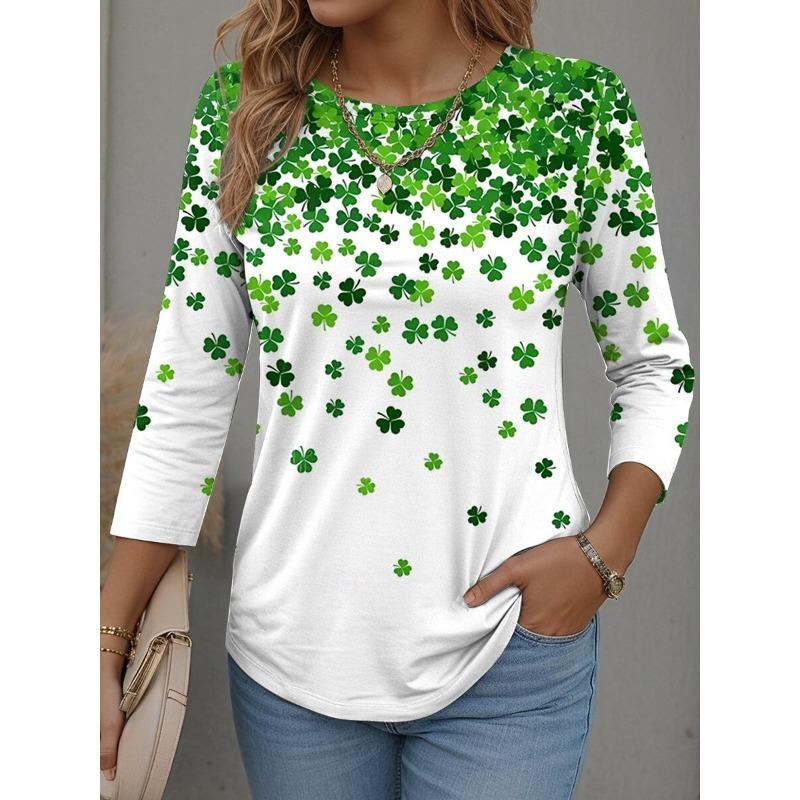 St.Patrick’s Day Green Lucky Clover Element Women's Long-sleeved T-shirt 3D Print Round Neck Festival Women Clothing Tops Tees