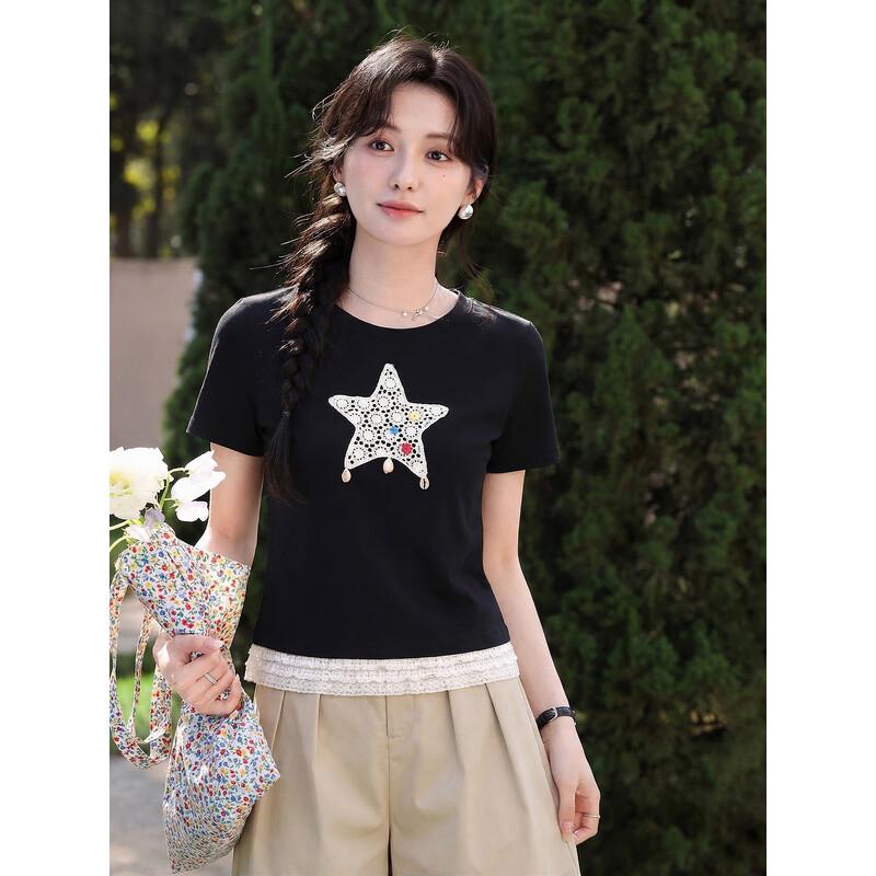 

Women s Lace Splicing Short Sleeve T-Shirt S