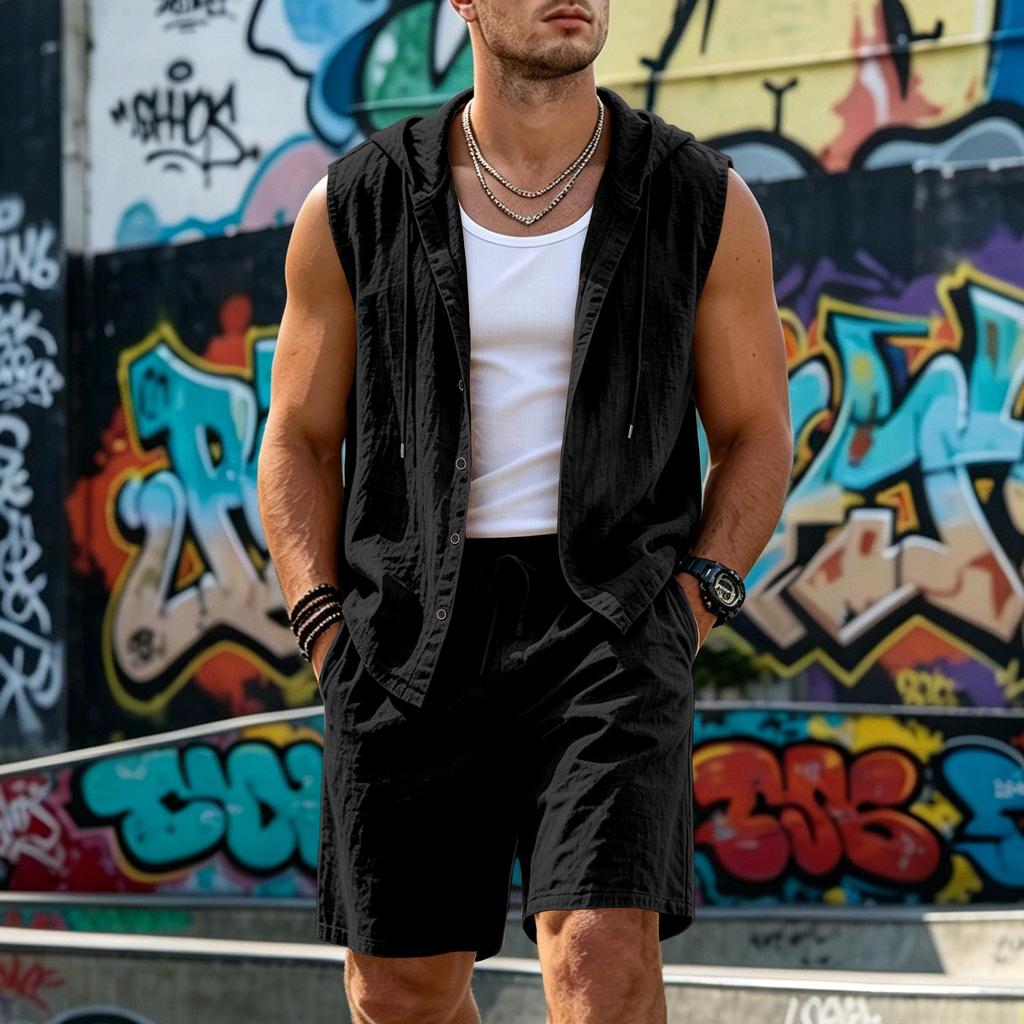 Men's Linen Summer Hooded Sleeveless Shirt & Shorts Set - Breathable Cotton Two-Piece