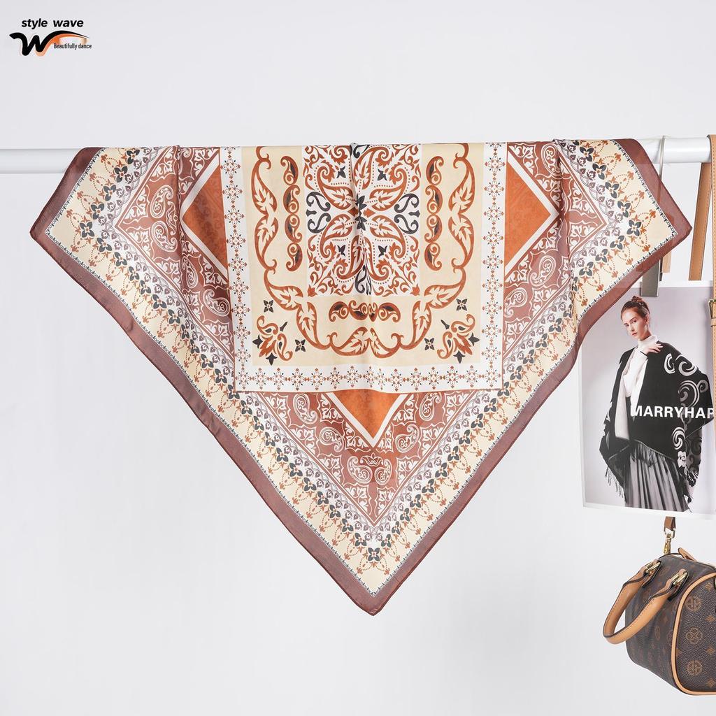 Retro Printed Silk Satin Square Scarf - Versatile Headscarf or Neck Scarf for Spring/Summer Sun Protection
