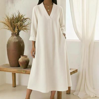 Spring New Women's Casual V-Neck Long Sleeve Cotton Linen A-Line Loose Long Midi Dress for European and American