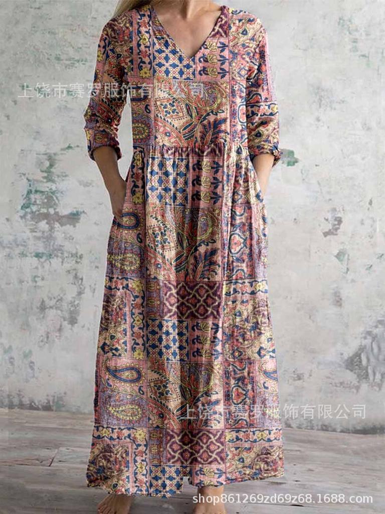 Damen Langarm V-Ausschnitt Maxi Kleid mit Streifenmuster, Knöchellanges Fließendes Kleid, Lässig Elegantes Kleid