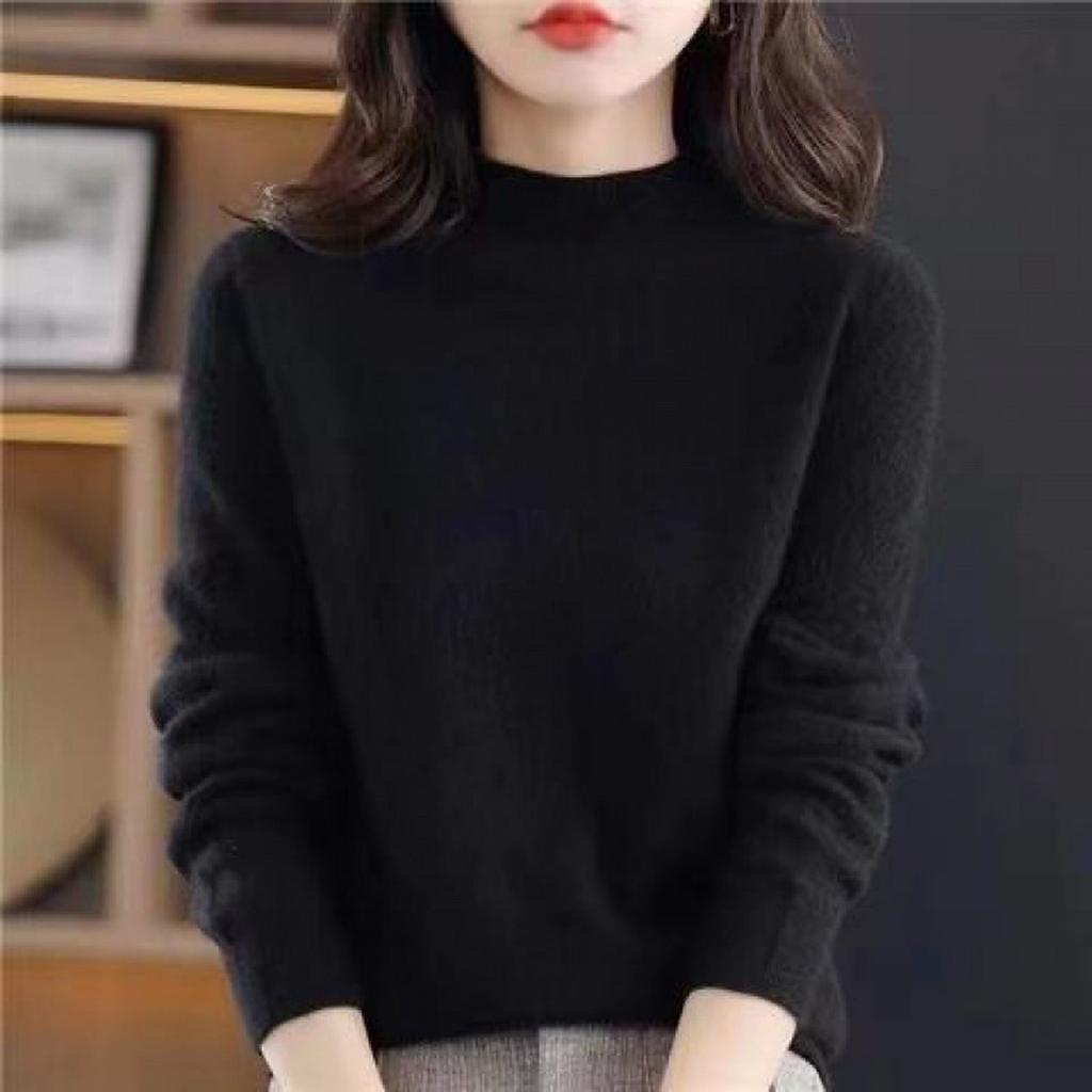 Women's Long Sleeved Knitted Sweater Half High Collar Loose Thin Top