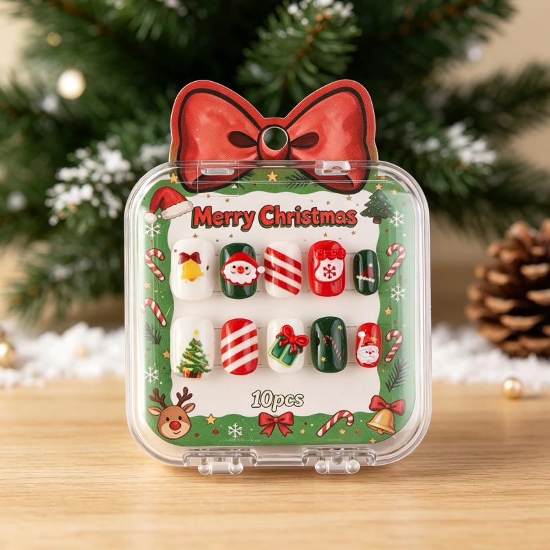 10Pcs Merry Christmas Ins Trend Press On Nails Chic Nail Patch Ladies Cute 3D Christmas Tree Santa Claus Decoration Nail Art