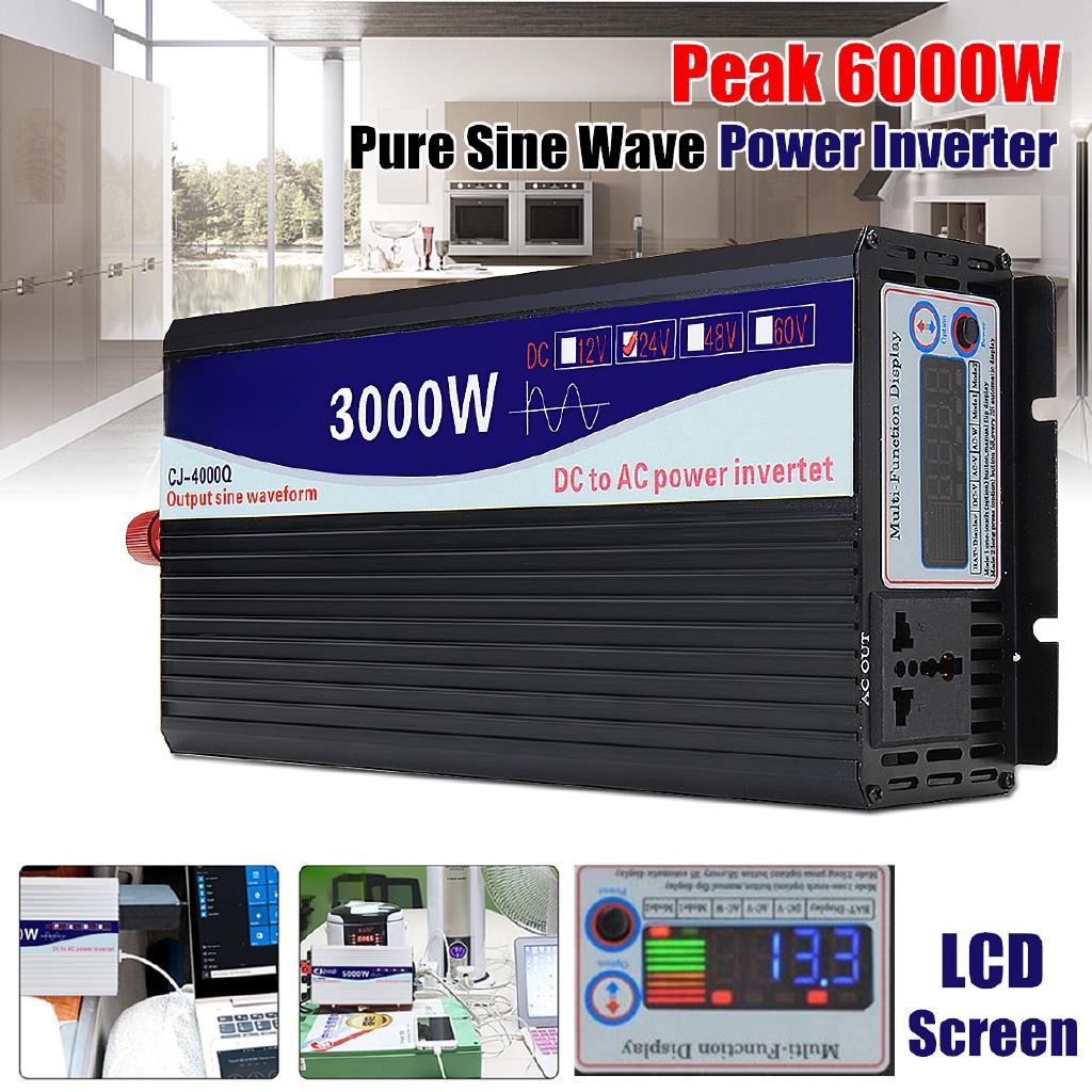 3000W/4000W/5000W/6000W Intelligent Screen Pure Sine Wave Power Inverter Converter Adapter LCD Screen 12V/24V To 220V