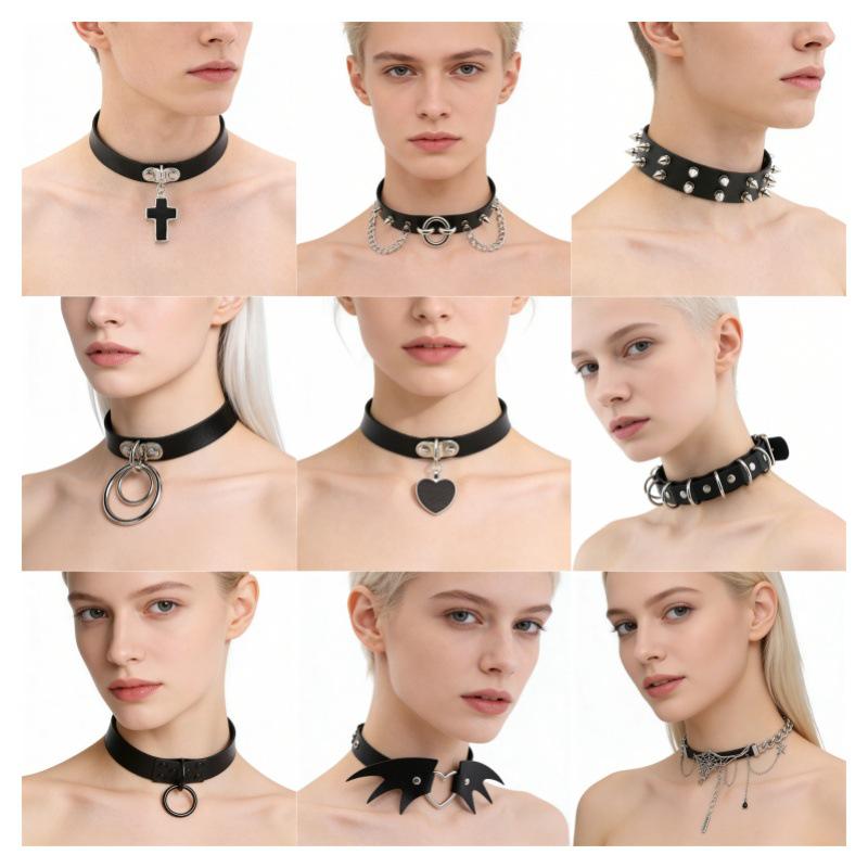 Unisex European Punk Black Leather Choker with Metal Chain and Lock Pendant.