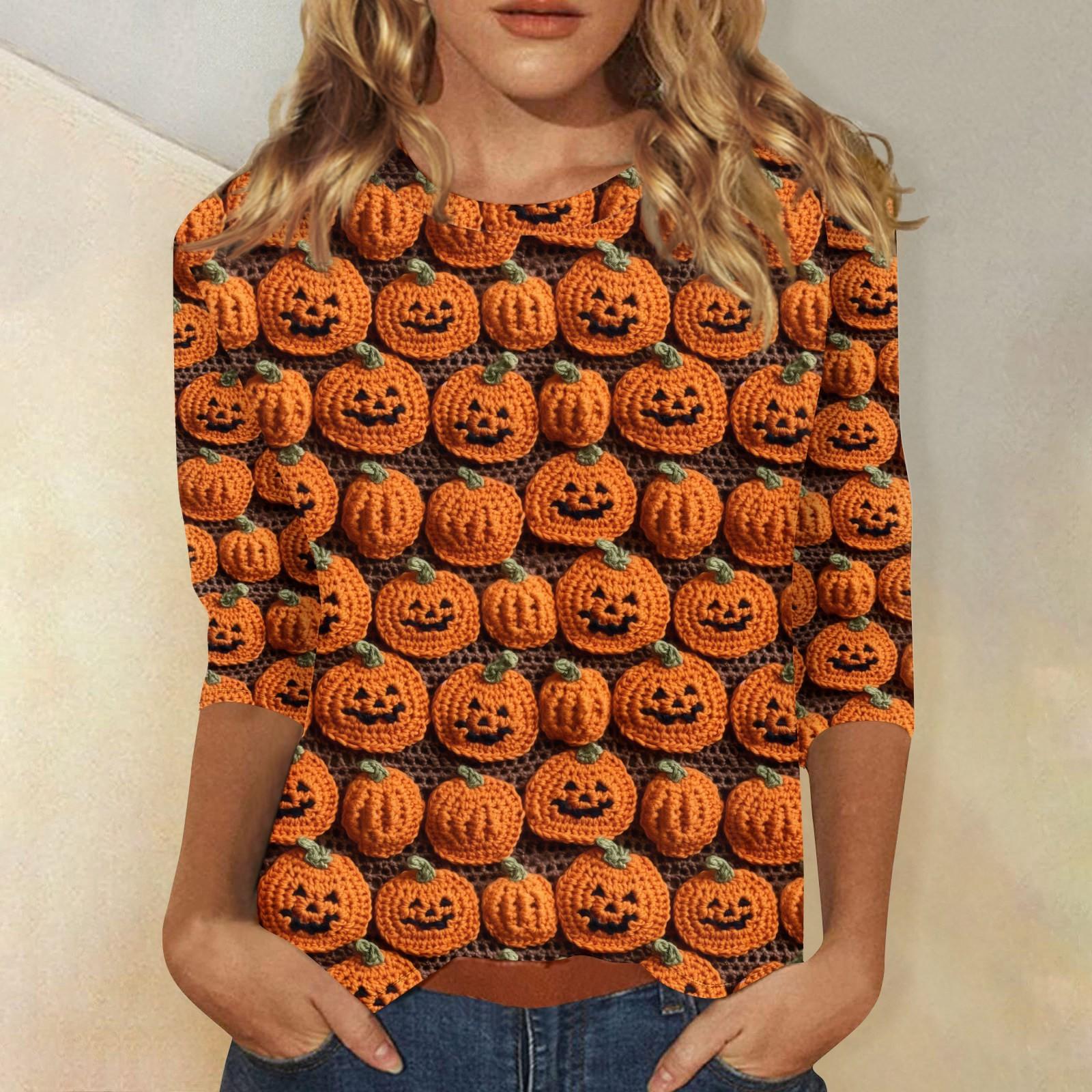 

Women s Fashion Casual Three-quarter Sleeve Halloween Printed Round Neck Top XXL