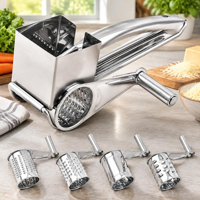 Hand-Cranked Cheese Grater with Four Stainless Steel Drums for Efficient Kitchen Slicing and Shredding
