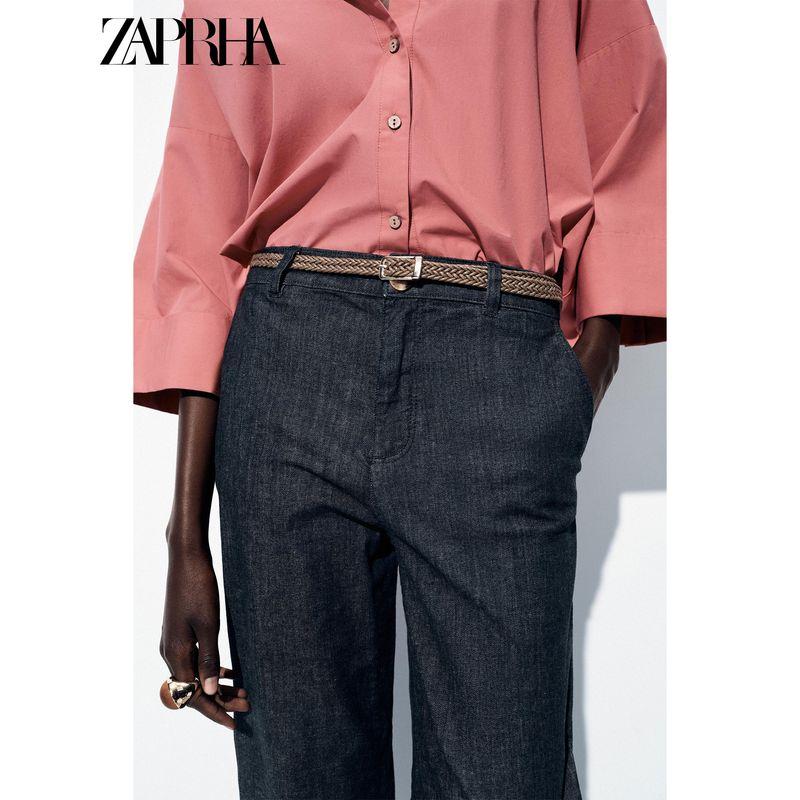 Zaprha 2025 Summer New Fashion Mid-Waist Curling Trousers Woven Belt Denim Casual Pants 2194406
