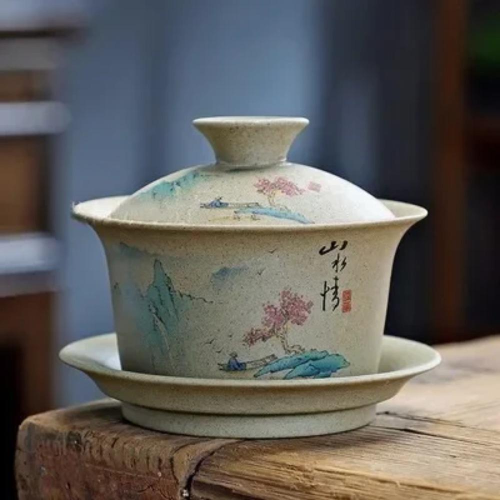 130ml Customized Coarse Pottery Gaiwan Antique Ceramic Tea Infuser Portable Beauty Tea Set Chinese with Lid Teacup Tea Bowl