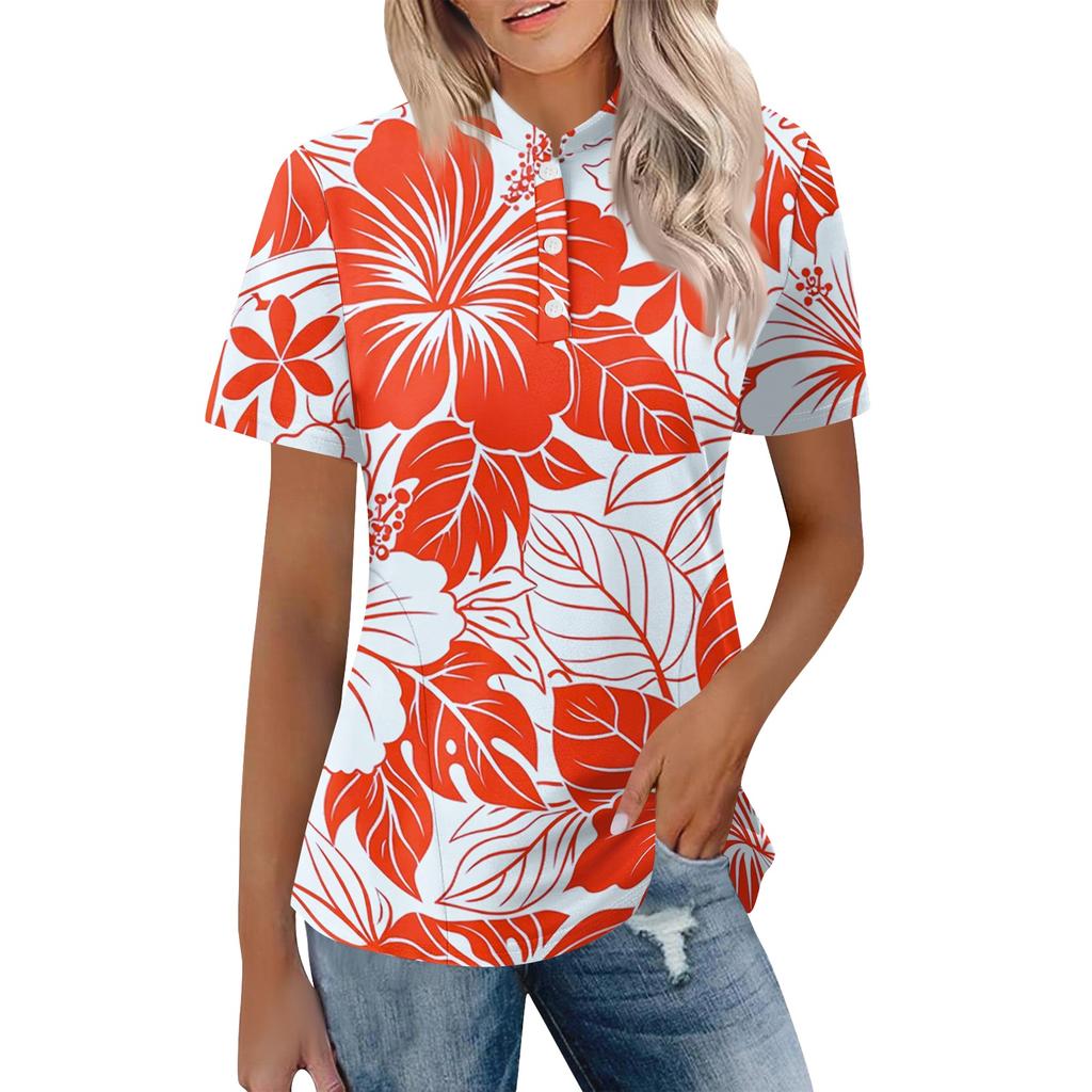 Women’s Casual Polo Neck Loose Fit Short Sleeve Top with Abstract Print and Button for Everyday Wear