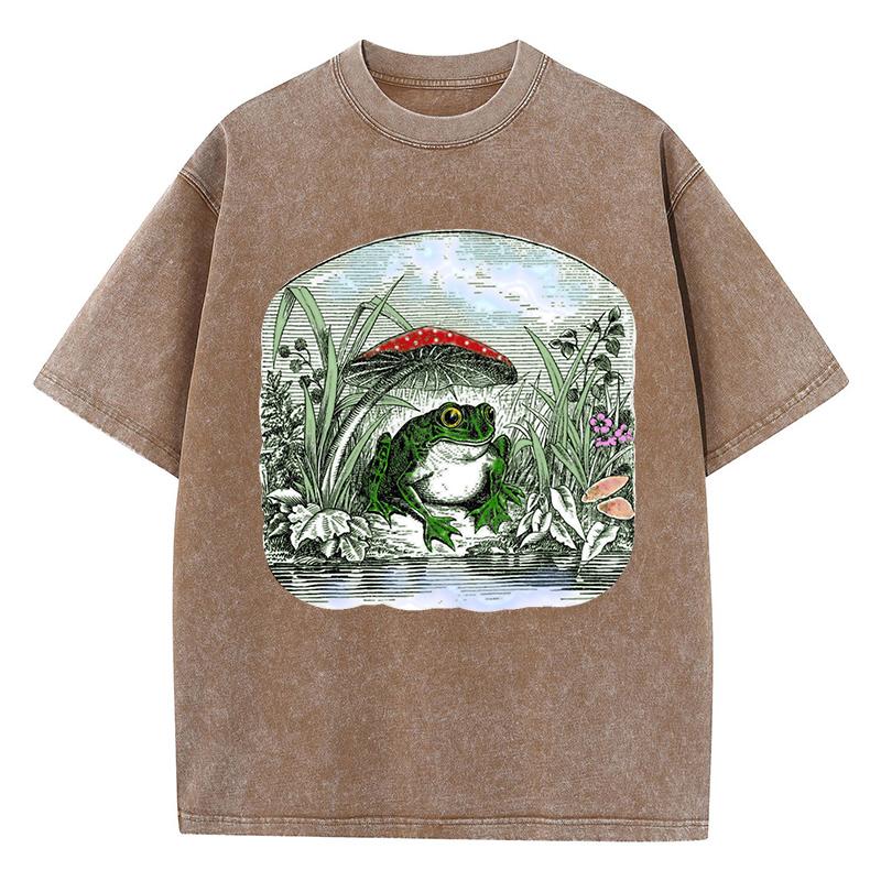 Vintage Aesthetic Frog Mushroom Prints Washed Women T-Shirt Loose T Shirt Crewneck Summer Short Sleeve Cotton Clothes