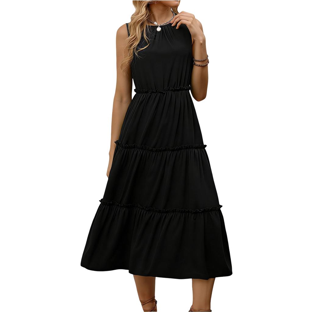 Sleeveless Women's Dress Casual Flowy A-Line Midi Tshirt Dresses With Pockets Crewneck Vocation Boho Beach Sundress