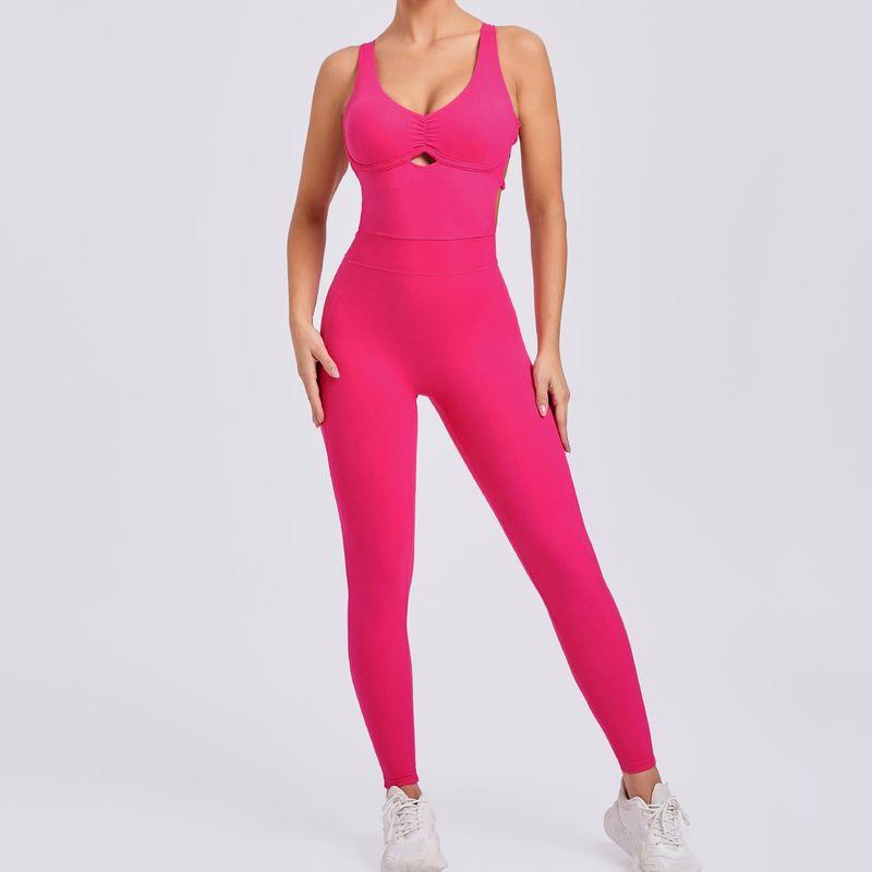 

Bombshell Same Style Double Adjustable Buckle Yoga Jumpsuit Women s Chest Pad Sexy Open Back Fitness One-Piece Deep Rose Red L