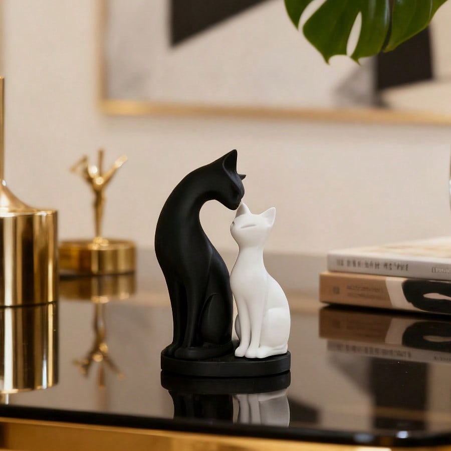 Abstract Cat Couple Figurine Set - Modern Resin Home Decor, Black White Animal Statue for Desk Shelf, Birthday Wedding Gift