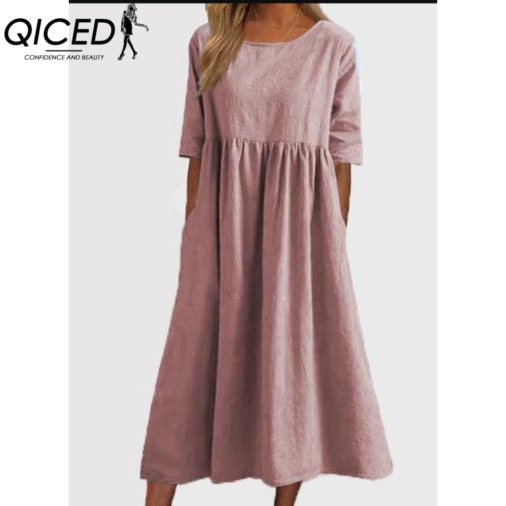 QICED Primavera Estate Abito Donna Girocollo Abiti Lunghi Casual Ampi Abiti Taglie Forti