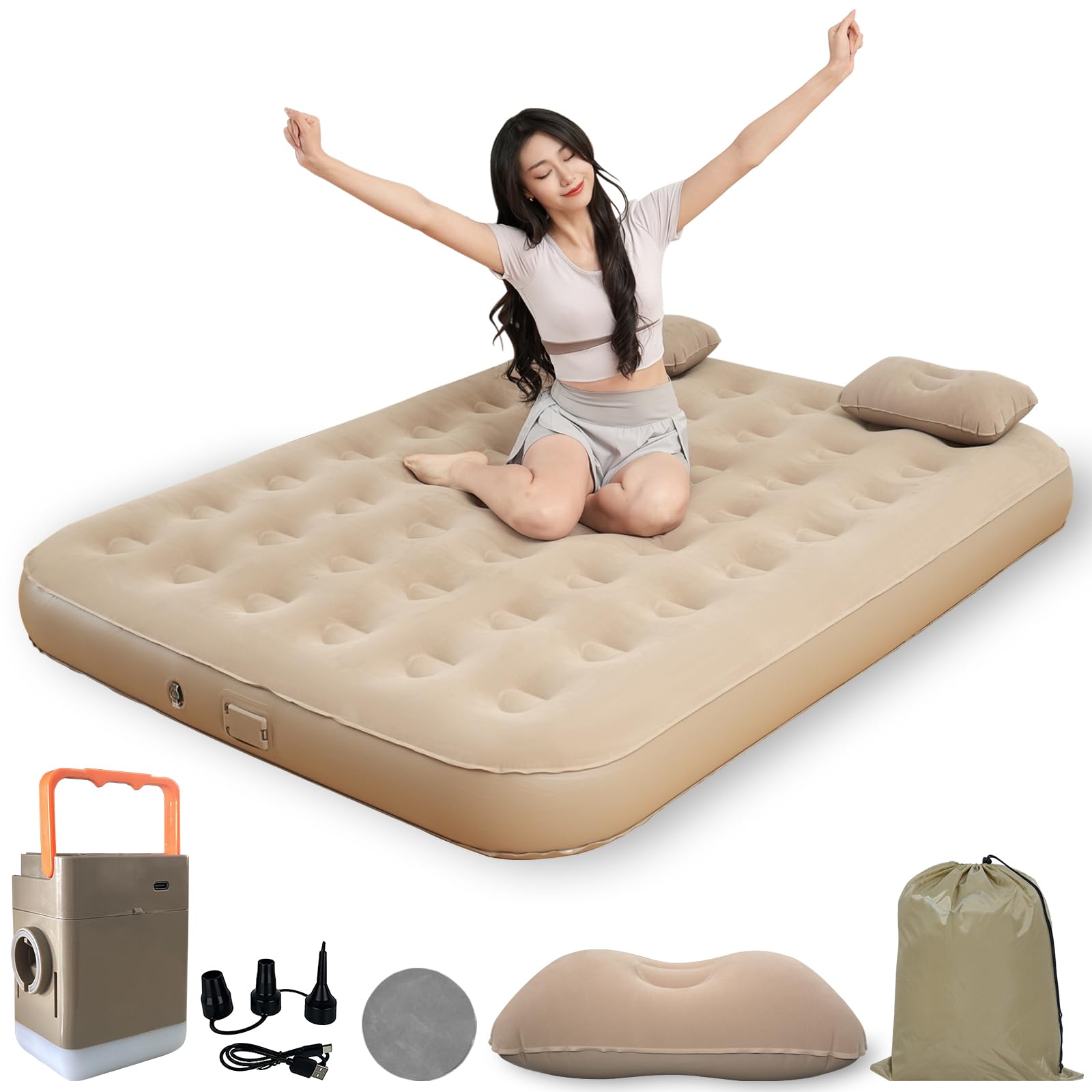 

Надувной матрас TripHug с электрическим флокированным покрытием для кемпинга, легкий, водонепроницаемый и с автоматическим надуванием, включает подушку и сумку для хранения, идеально подходит для хаки