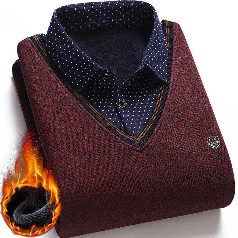 Men's Fleece-Lined Two-Piece Shirt Collar Sweater for Middle-Aged & Elderly