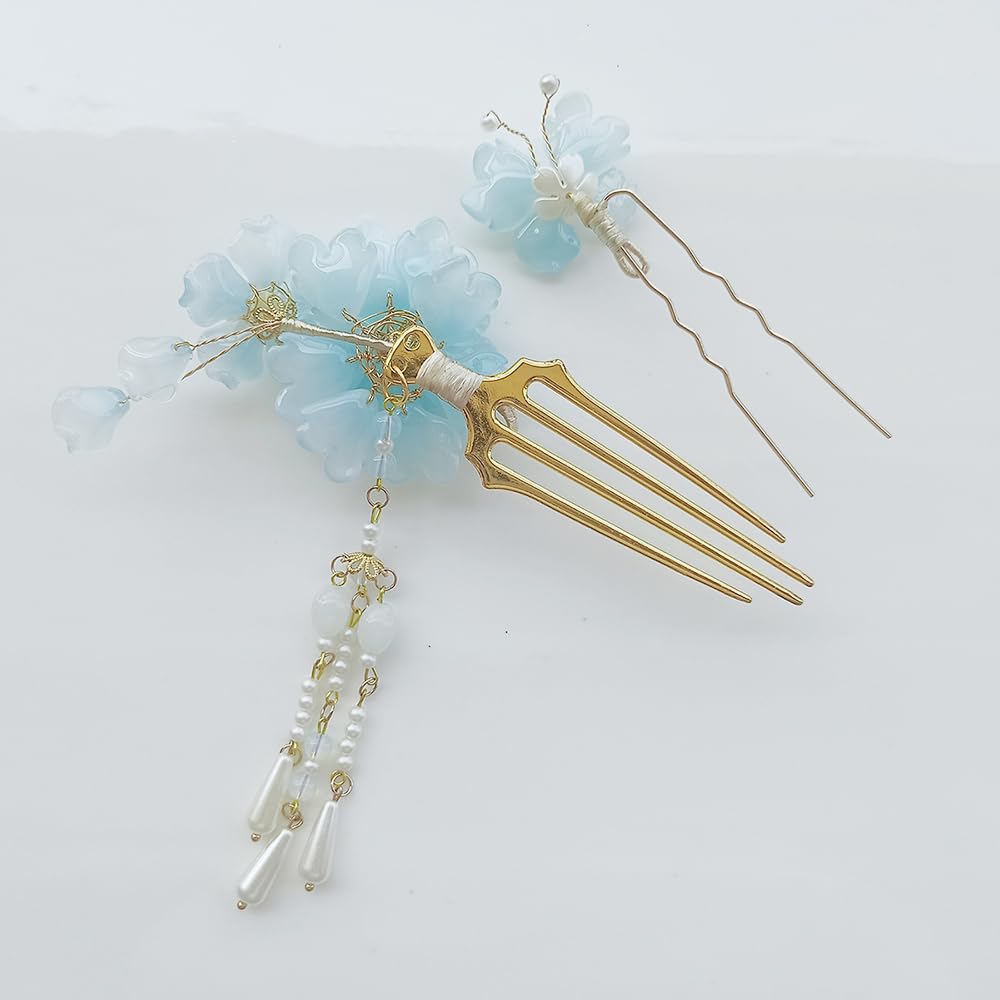 2-piece hair accessory set: Flower and butterfly design. Stylish U-pin hair ornament for Japanese clothing (kimono, yukata, hakama). Cute and perfect