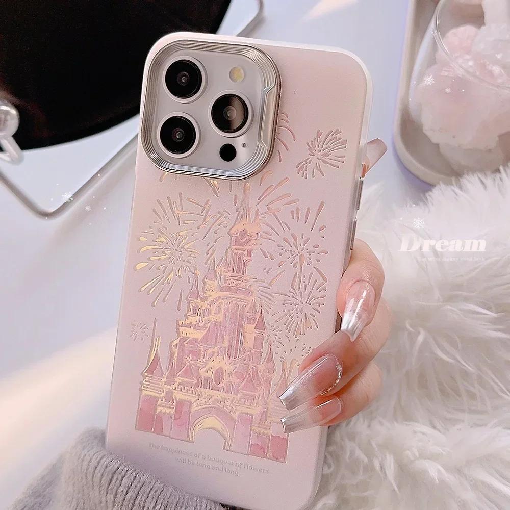

Pink Glitter Phone Case for iPhone 16 Pro Max Plus 15 14 13 12 11 Laser Shiny Bling Cute Cartoon Castle iPhone Protective Cover For iPhone 13 розовый