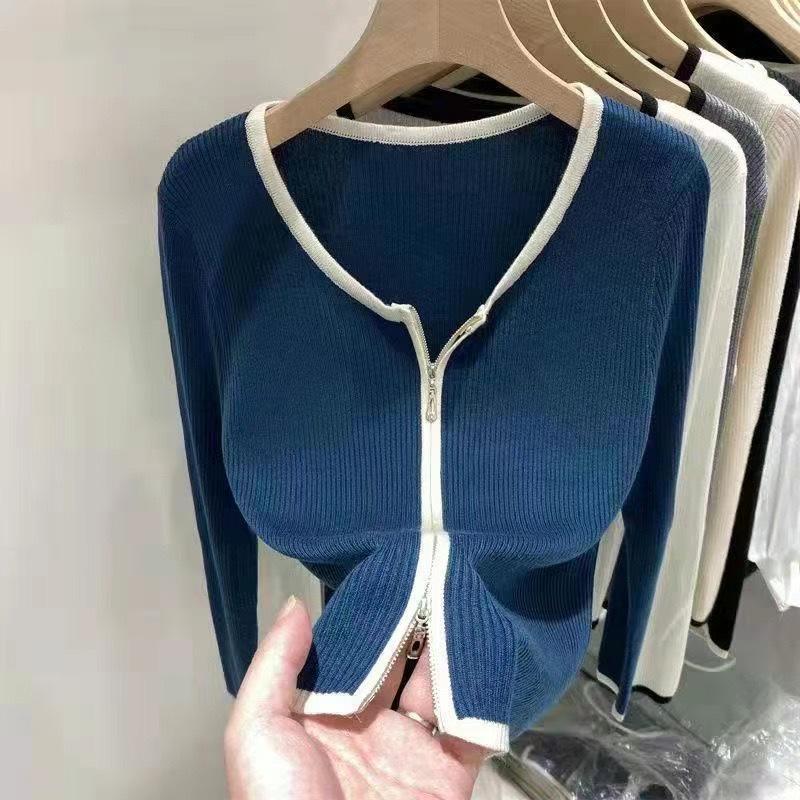 Women's College Style Zipper Cardigan - Long Sleeve Slim Fit Top for Spring & Autumn (2026)
