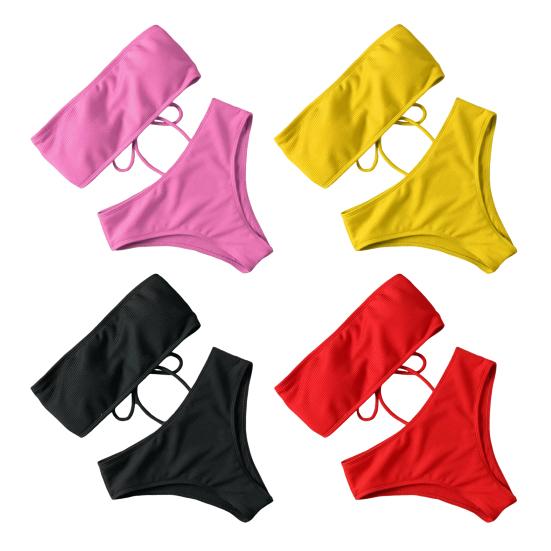 2Pcs/Set Women Bikini Set Bandeau Strapless Swimming Bra High Waist Swimming Briefs Set Beach Pool Bathing Suit