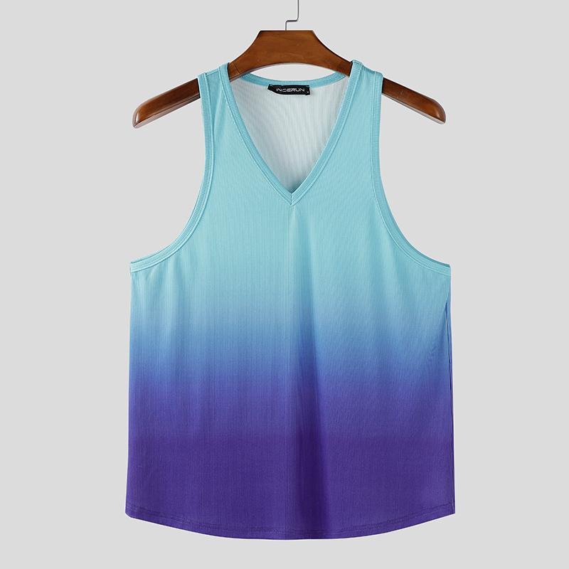 

INCERUN Men Summer V Neck Sleeveless Gradient Print Casual Loose Tank Tops 4XL синий