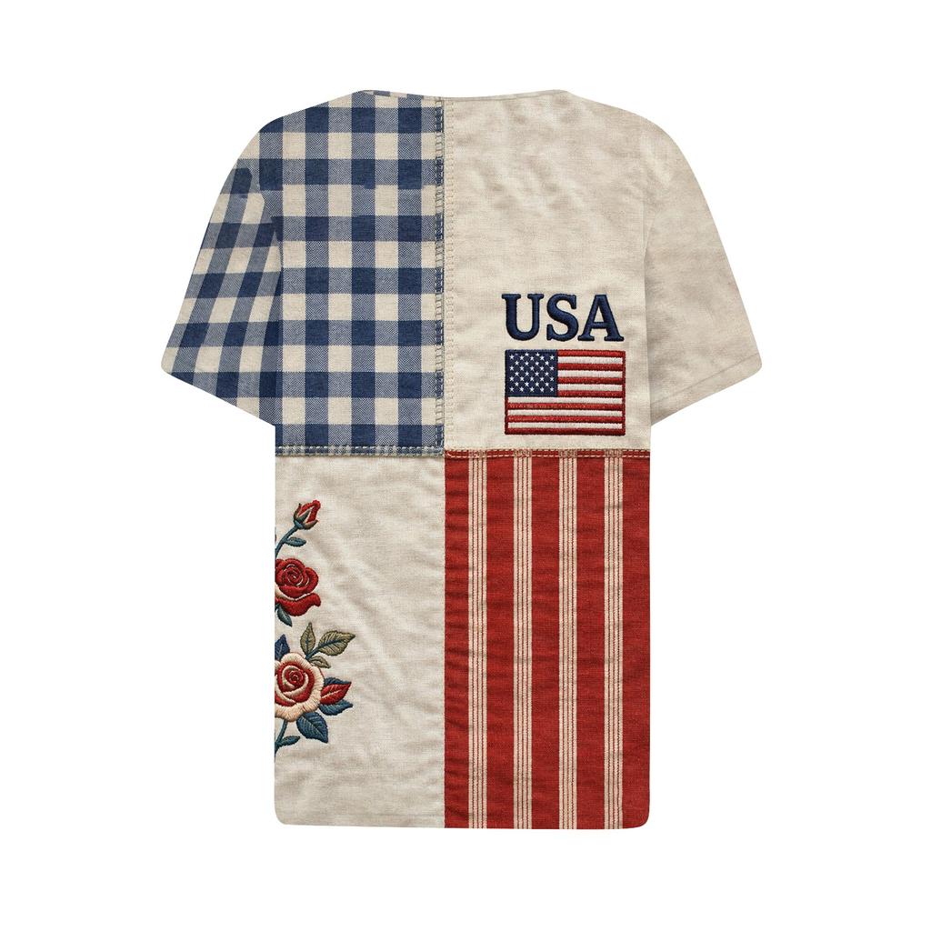 Women's Fashion Casual Independence Day Print V-Neck Short Sleeve Button-Up T-Shirt Top