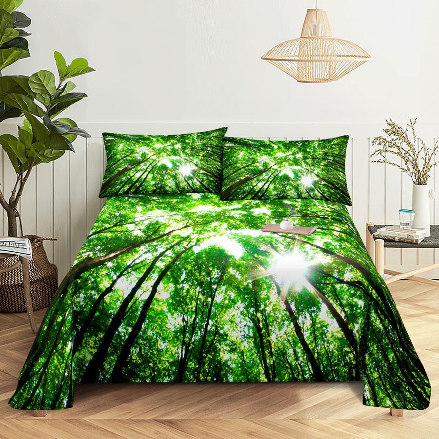 Scene Bed Sheet and Pillowcase Set Bedding Linens Cover Queen King Double Size 220x240 Trees for Bedroom Soft Twin Full Single