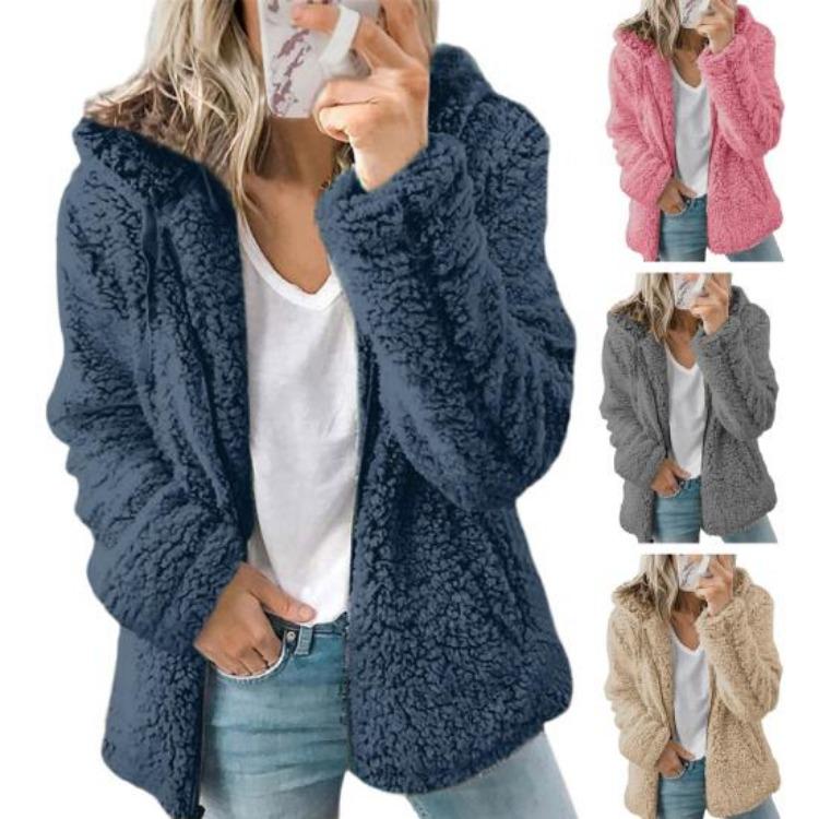 Warme Damen Sherpa Jacke mit Kapuze Fleece Mantel Freizeit Einfarbig Plüsch Reißverschluss Winddicht Herbst Winter Strickjacke