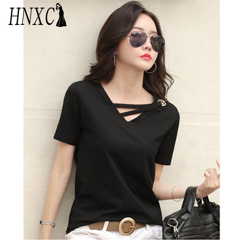 

HNXC Women s Fashion Casual Solid Color Print Short Sleeve V Neck Blouses & Shirts M чорний