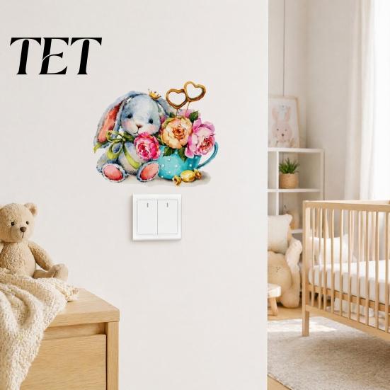 Childrens Bedroom Wall Stickers Watercolor Rabbit & Flowers Light Switch Sticker, Cute Bunny Peel And Stick Decal, Nursery Room Decor PVC Waterproof