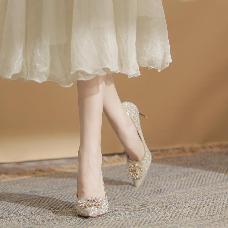 - French rhinestone high heels women's wedding shoes banquet pointed temperament crystal shoes stiletto sequins single shoes women