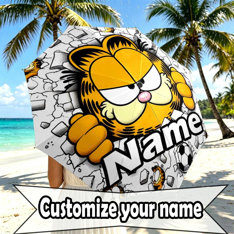 Custom Name Personalized Garfield Print Umbrella, Auto Open Close, 8‑Rib Sturdy Frame, Commute Camping Hiking Use, Birthday Gift