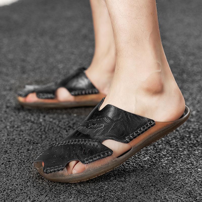 Fashion New 2024 Leather Beach Sandals Anti Slip Outdoor Men's Classic Slippers Plus Size 38-48 Plus Size Slippers