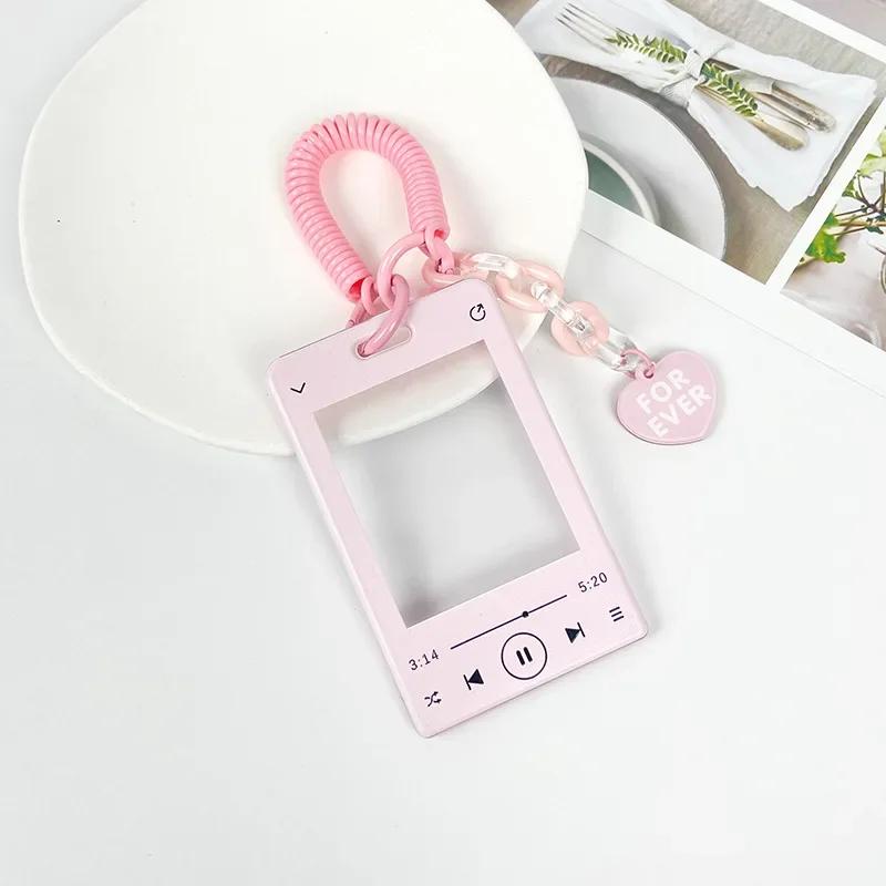 Music Player ID Card Holder with Spring Rope Heart Charm for Women Girls Kid Colorful Bus Subway Credit Card Protector Shell