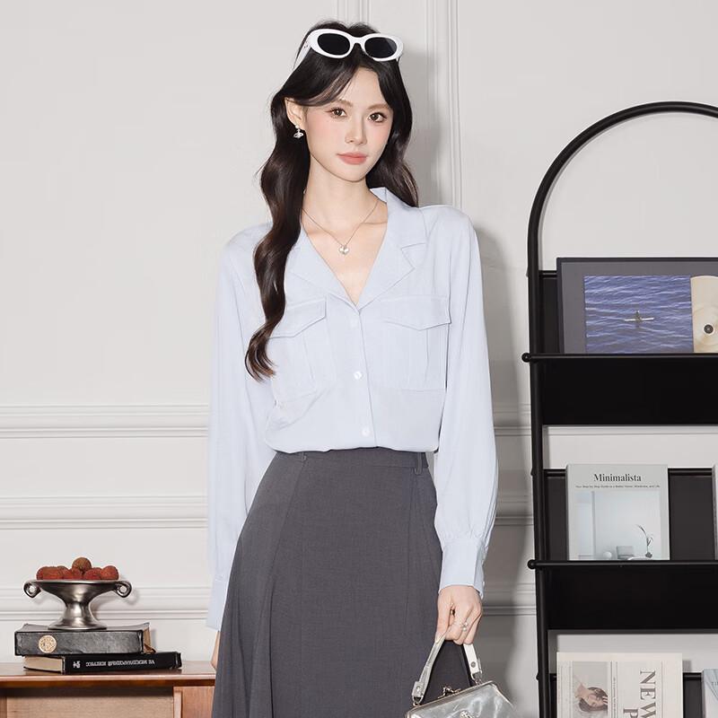 Women's Elegant Lapel Pocket Long Sleeve Shirt