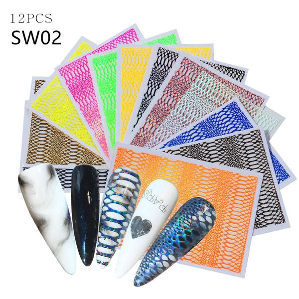 12Pcs 3D Laser Holographic Snake Skin Design Adhesive Nail Stickers Decals Nail Decorations