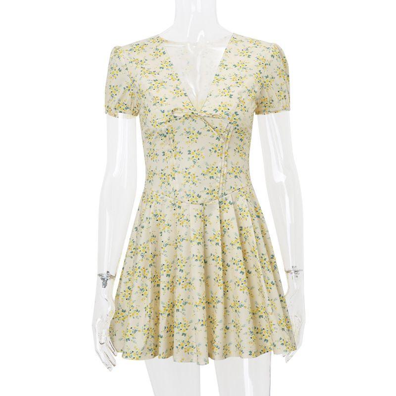 

Переходное Сексуальное Европейское и Американское Новое Модное Ретро Цветочное V-образный вырез Облегающее Короткое платье Сексуальное платье во французском стиле с рукавами-буфами Yellow L