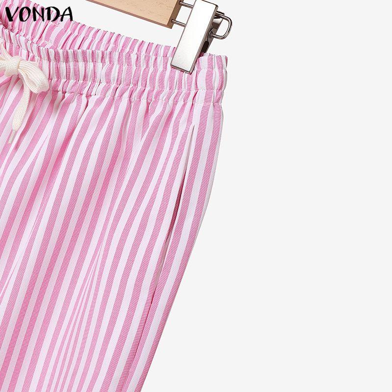 VONDA Womens Casual Striped Two Piece Outfits Long Sleeve Buttons Shirt and Drawstring Wide Leg Pants Loungewear Sets