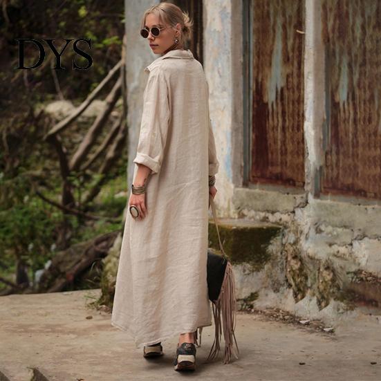 Spring Long Dress Summer Maxi Loose Turn-down Collar Sleeves Pure Color Casual Solid Single-breasted Cardigan OL Commute Daily Wear Women Lightweight